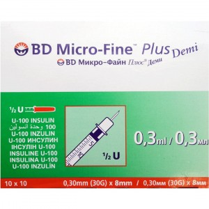 Инсулиновые шприцы BD Micro Fine Plus Demi 0,30мм (30G) x 8мм, 1/2U, 100 шт.